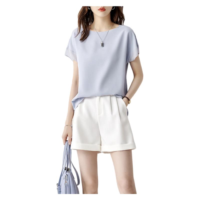 Sentubila Spliced Short-Sleeve Chiffon Blouse for Women