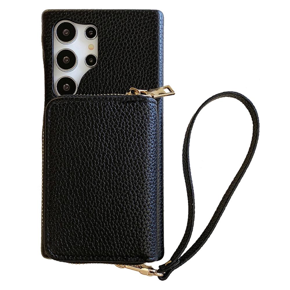 

Чехол для Samsung Galaxy S23 Ultra с карманами на молнии для карт, задняя крышка из ПУ кожи, ремешок на запястье Black