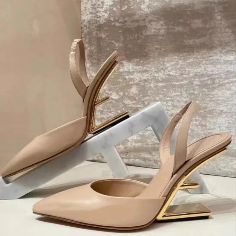 

Fashion Women s Sandals Summer New Leather High Heels Pointed Head Over Top Slippers Fashion Temperament Abnormity with Sandals 34