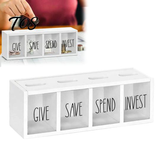 Clear Acrylic Cash Organizer Wooden Piggy Bank with 4 Compartments, Transparent Money Box, Saving Box for Kids Wall Mounting Coin Container Financial
