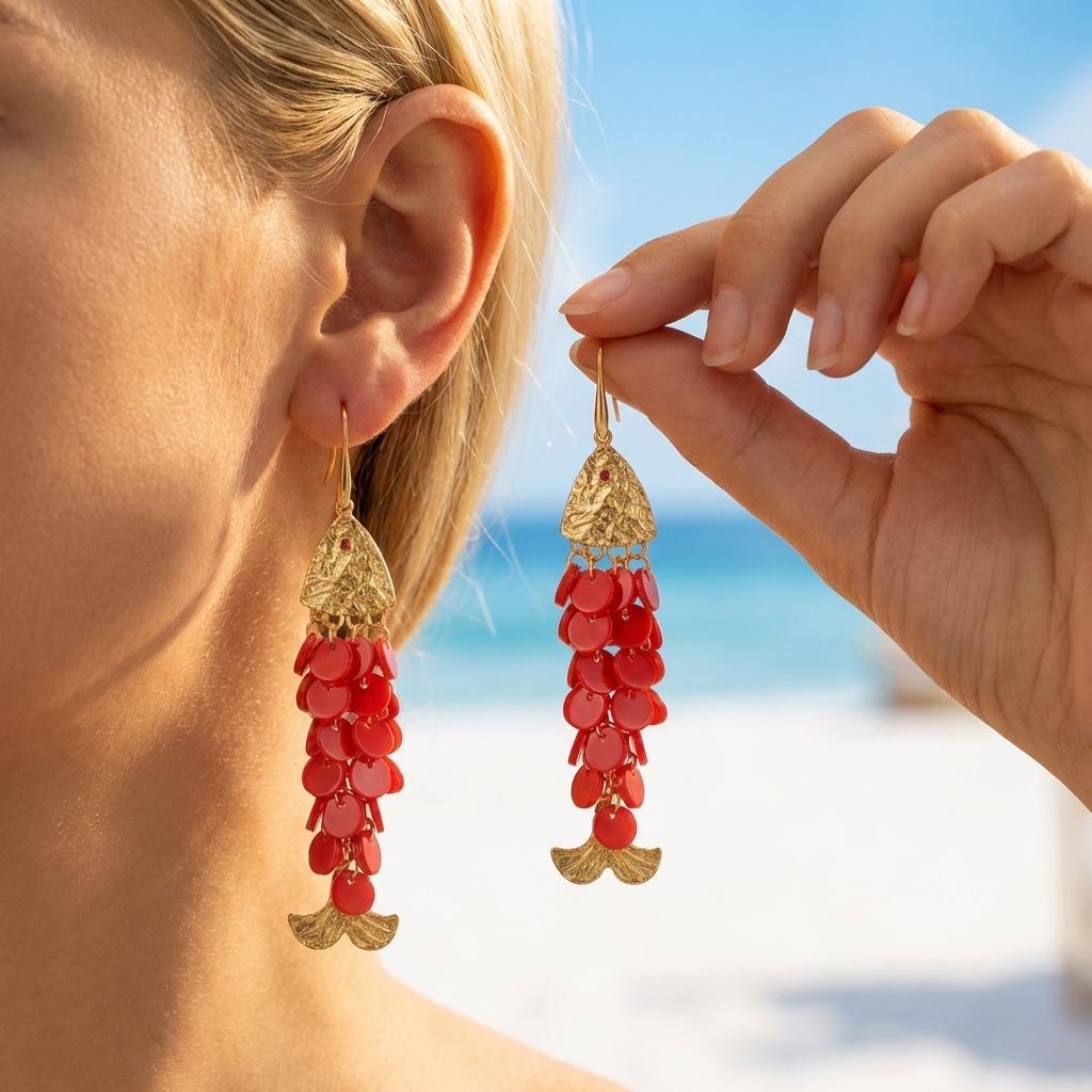 

Bohemian Lucky Koi Fish Tassel Dangle Earrings For Women Cute Red Blue Colorful Fish Scales Drop Earring Summer Beach Zircon