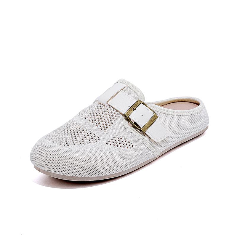 

Fashion Round Head Flat Sandals Summer New Bao Head Deep Mouth Mesh Cloth Breathable Metal Buckle Soft Sole Non-slip Slippers 35 бежевый