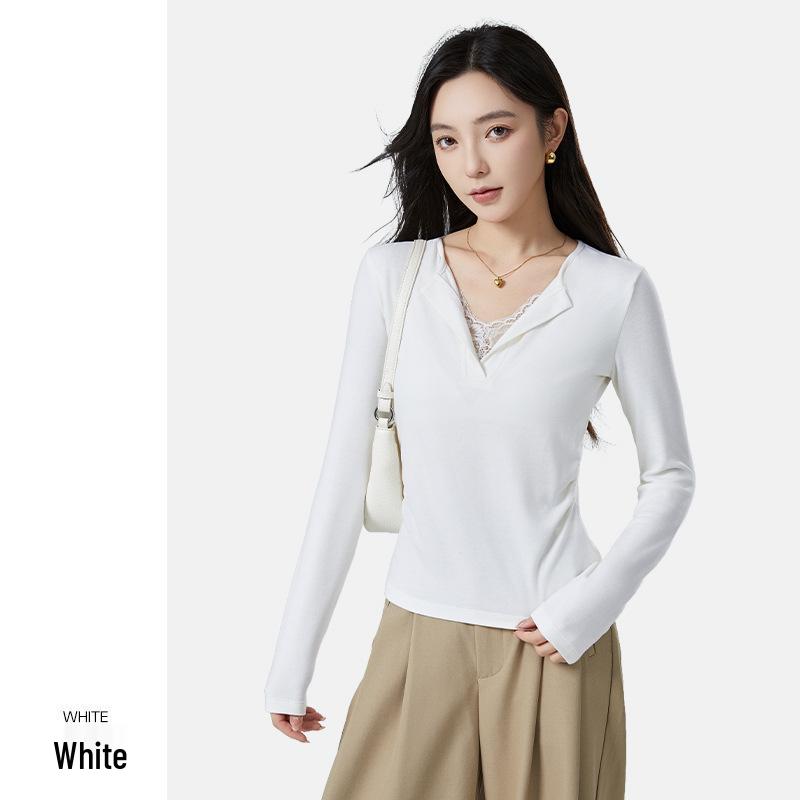 Antibacterial Women's Heated V-Neck Slimming Lace Patchwork Wool Long Sleeve T-Shirt