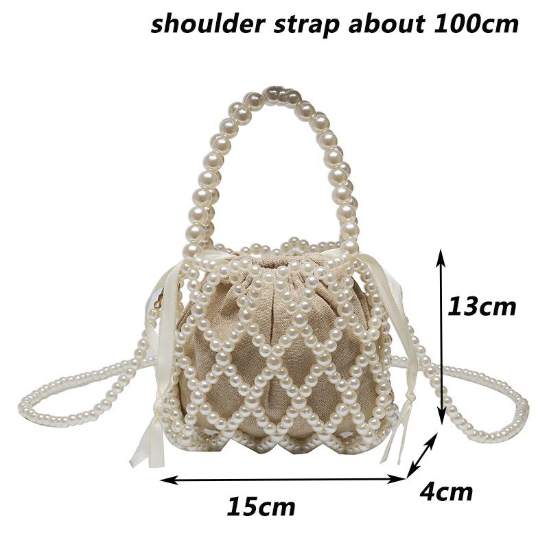 Vintage Top Handle Pearl Women Handbag Summer Hollow Out Beach Bucket Girl Shoulder Crossbody Bag