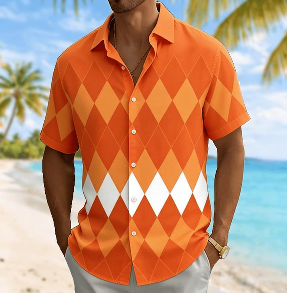 Chemise à Manches Courtes Argyle Color Block pour Homme, Chemisier Décontracté Vacances Printemps Été à Col Rabattu, Haut Coupe Ample