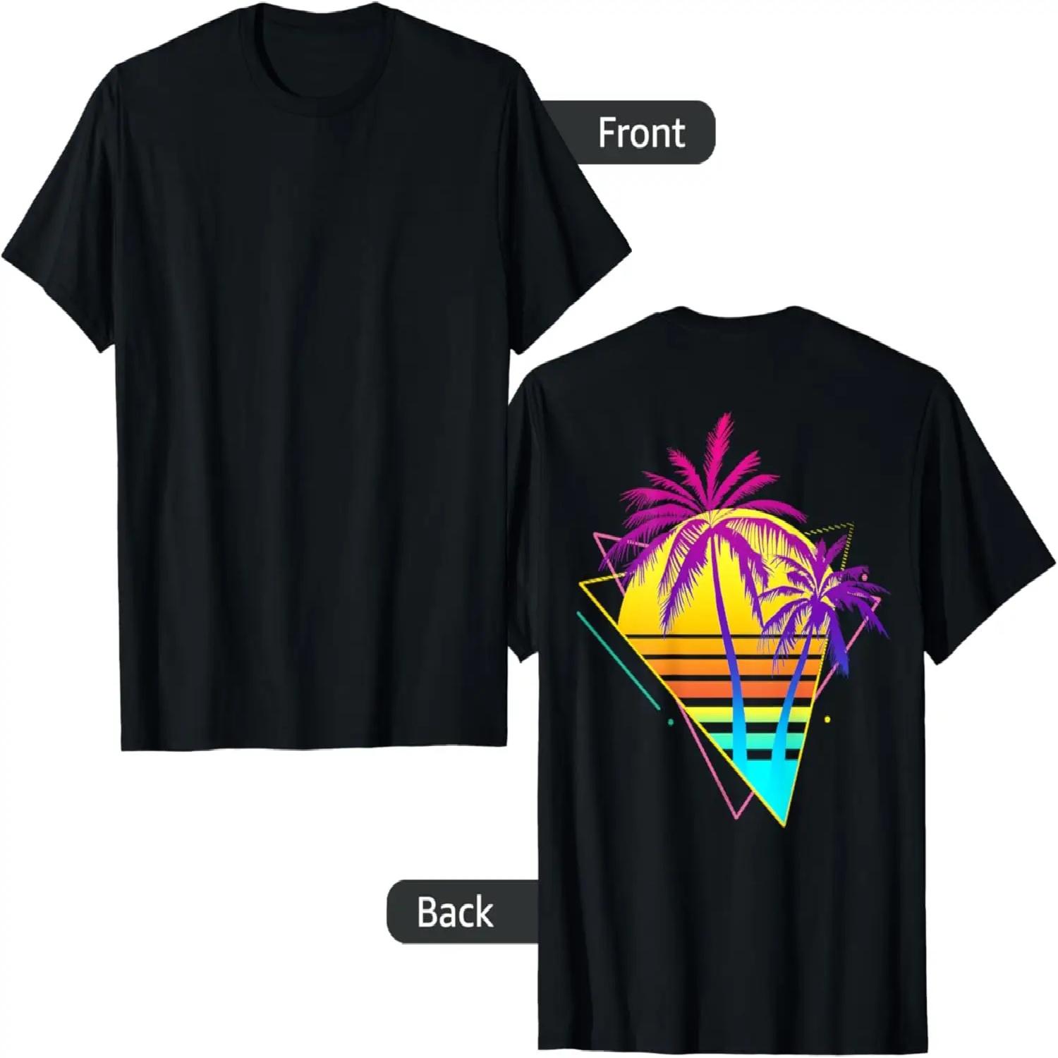 On back - Retro 80s 90s Vaporwave Tropical Sunset Palm Trees T-Shirt S чёрный