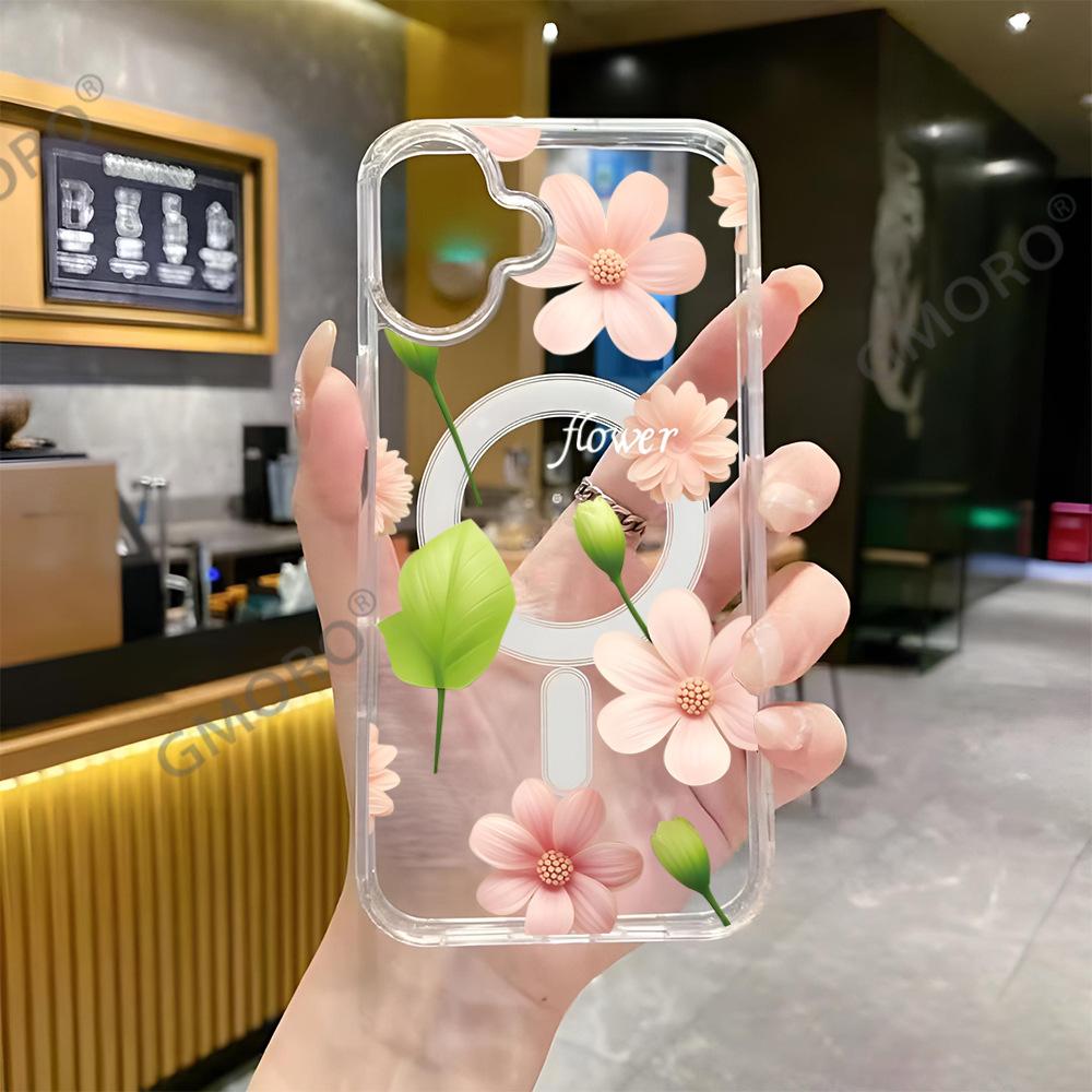 Simple Fresh Pink Flower Apple 15Pro Magnetic Mobile Phone Case iPhone17Pro Alec Transparent Anti-drop Cover