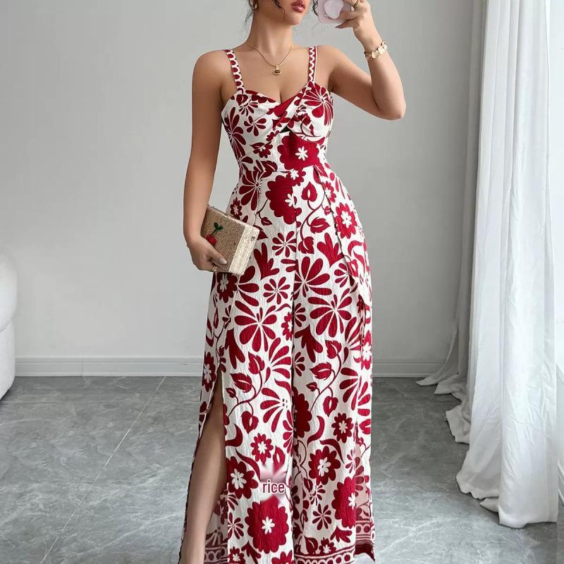 2025 Elegant Twist Print Spaghetti Strap Backless Jumpsuit with Wide Leg and Long Pants Skirt