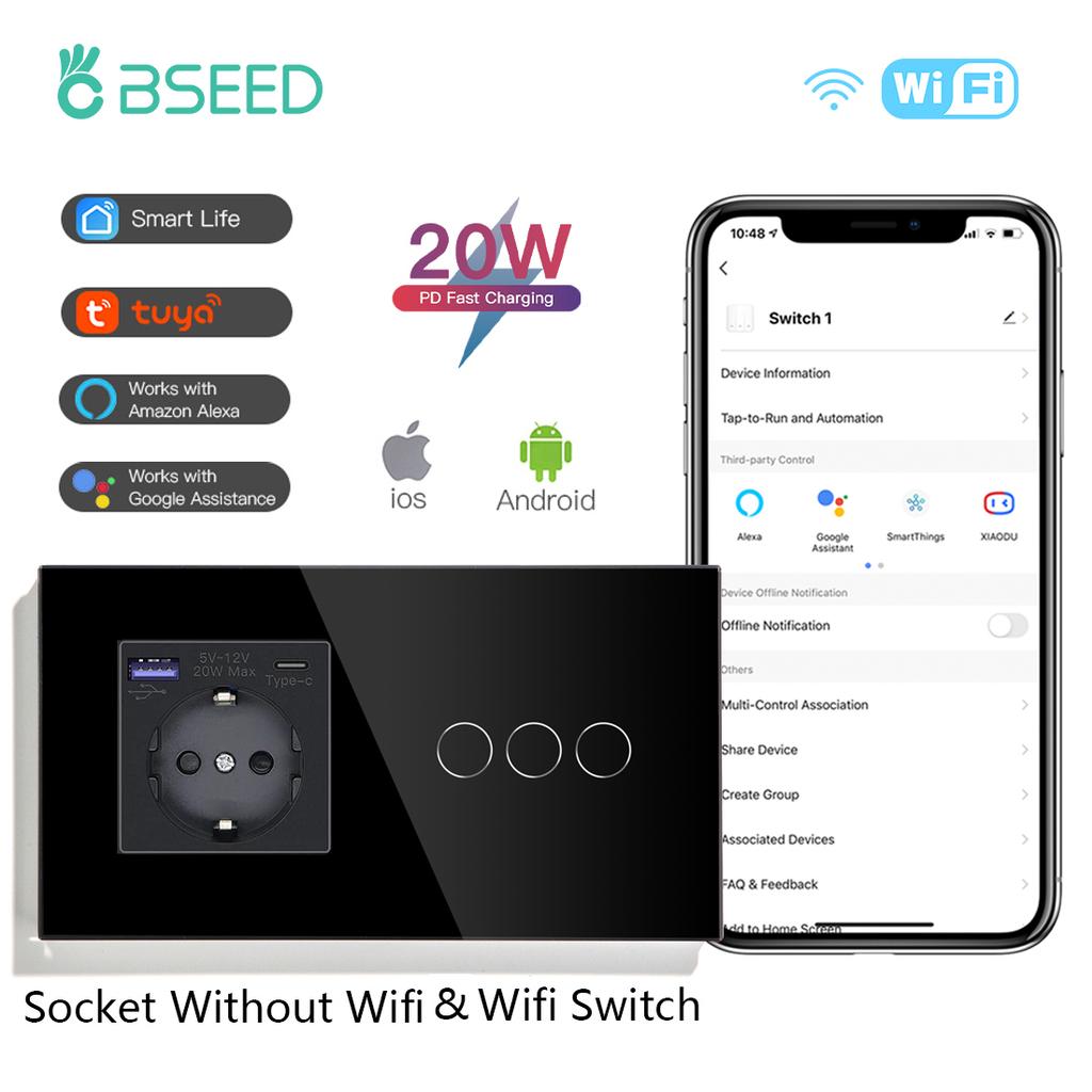 BSEED Wifi 1/2/3Gang Wall Light Switches Touch Panels Tuya Smart Life App Control With EU Power Sockets 20W USBC Charging Ports