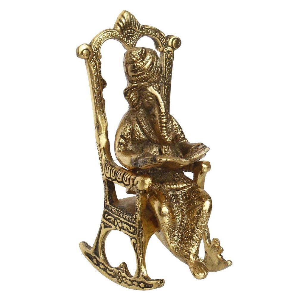 Golden Metal Lord Ganesha Idol Reading Book On Rocking Chair - Decorative Hindu God Statue for Home Decor - Gift for Diwali