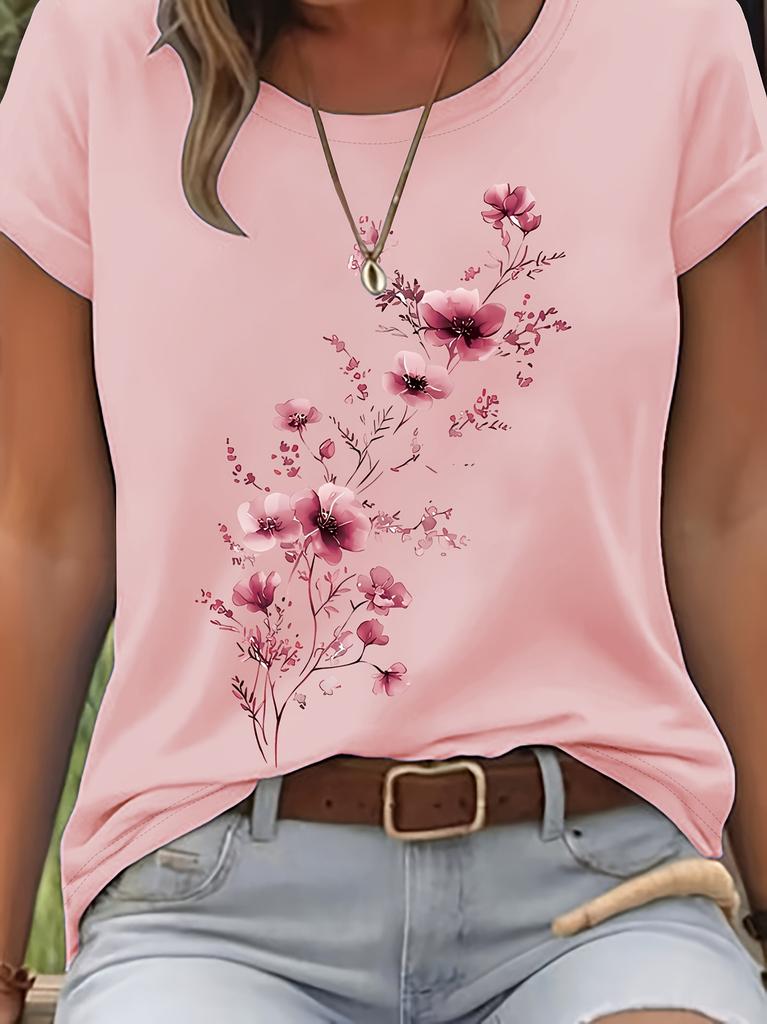 Plus Size Purple Floral Branch Womens Tee Delicate Watercolor Flower Graphic Casual Light Purple Top