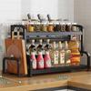 Modern 2-Tier Carbon Steel Kitchen Countertop Spice Rack with Cutting Board & Knife Holder
