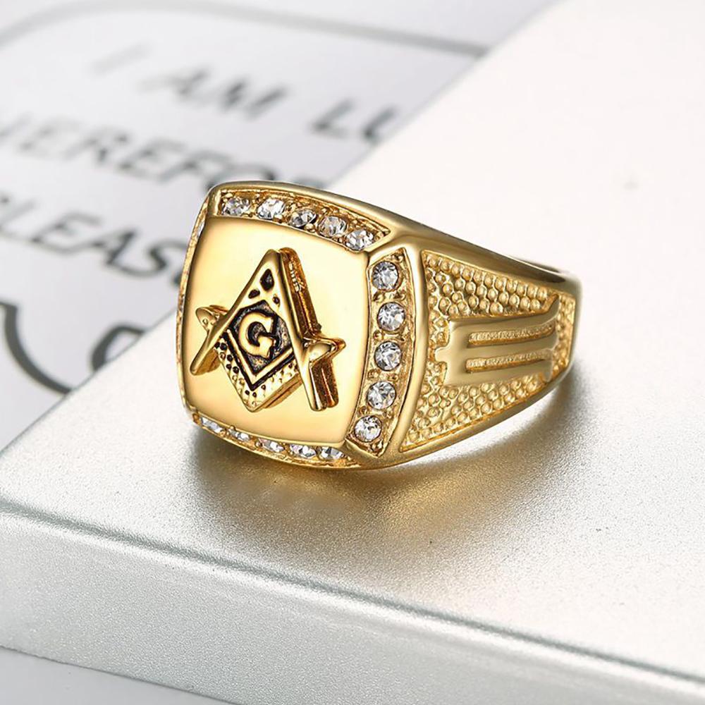 Hip Hop Freimaurer Ring für Männer 316L Edelstahl Iced Out Bling CZ Kristall Freimaurer Ringe Goldfarbe Mode Amulett Schmuck