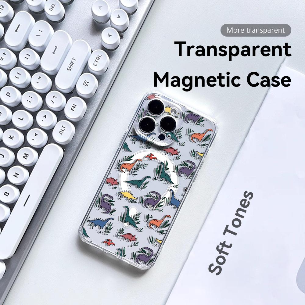 Cartoon Dinosaurs Cute Phone Case For iPhone 17 16 15 14 13 12 Pro Max Plus With Magnetic Crystal Clear Case Wireless Charge