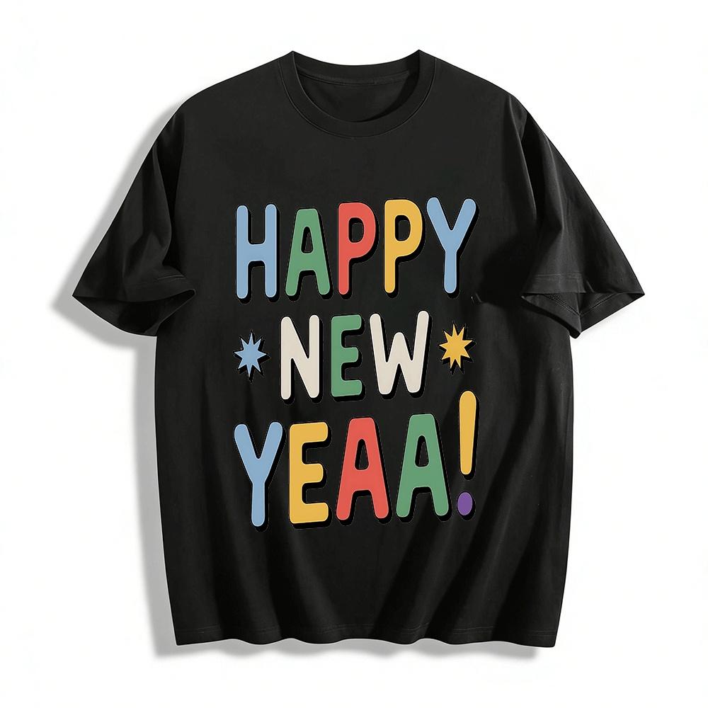 

Retro Fun Happy New Year Graphic Print Casual Top Pure cotton T-shirt XXS