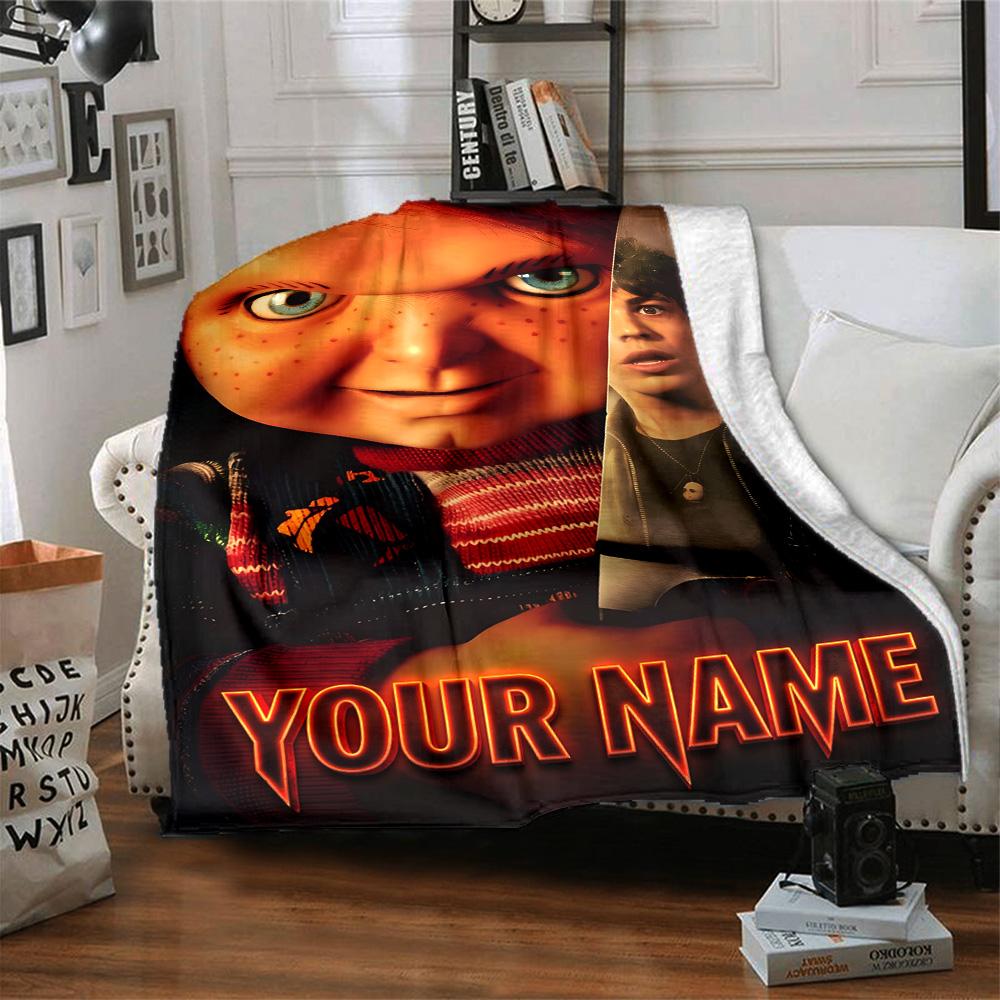 1pc Chucky Blanket with Custom Name, Gift, for Men and Women, Soft Blanket, Good for Sofa Bed Couch Travel, Lightweight Flannel Blanket