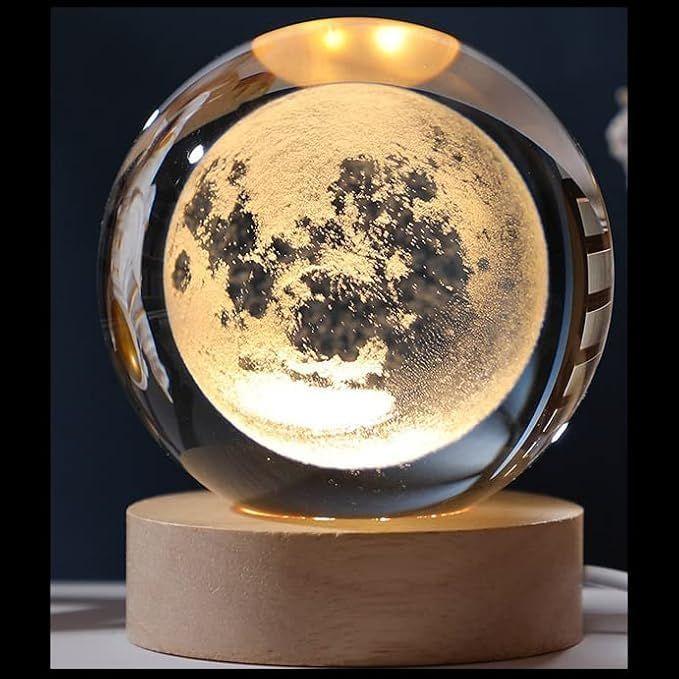 New Moon Crystal Night Light Decorative Quartz Glass Ball Bedroom Table Light, Engraved Model Astronomy Décor, Universe Gift for Loved Ones