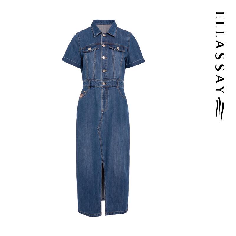 ELLASSAY Women's Summer Retro Cotton Blend Denim Shirt Dress