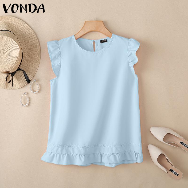 

VONDA Women Sleeveless Tops Casual Solid Color Ruffled Office Tanks 5XL синий