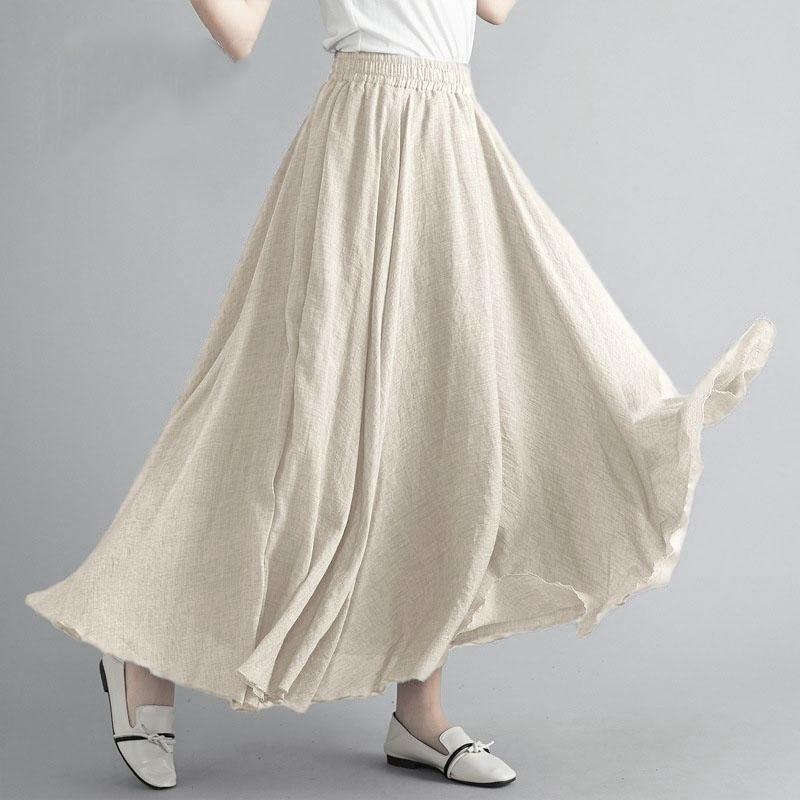Весна Лето Осень Женская Юбка Литературная Хлопково-Льняная Полуюбка Эластичная Талия Льняная А-силуэта Юбка Длинный Разрез Однотонные Юбки с Ветром L