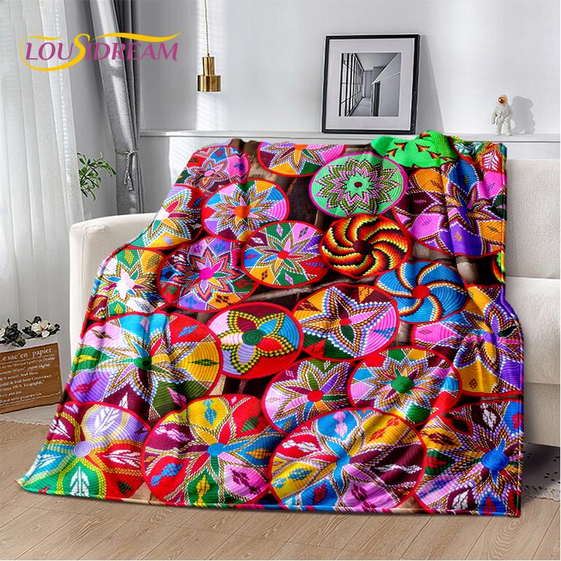 Cestas de Arte Tejido de Flores Coloridas 3D Etiopía, Manta Suave de Felpa Mandala, Manta de Franela para Sala de Estar, Dormitorio, Cama, Sofá