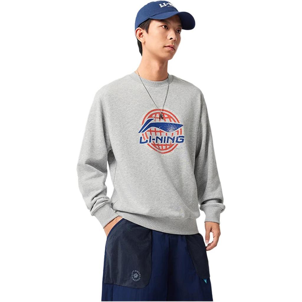 Li-Ning Letter Pattern Comfortable Loose Simple Round Neck Pullover Long Sleeve Elastic Waist Long Pants Casual Sports Suit AWDV247-4+AKLSG35-1