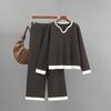 Women's Clothing Autumn and Winter New Pit Strip Knitted Suit Women's Collar Contrasting Color Top Wide-leg Pants Two-piece Set