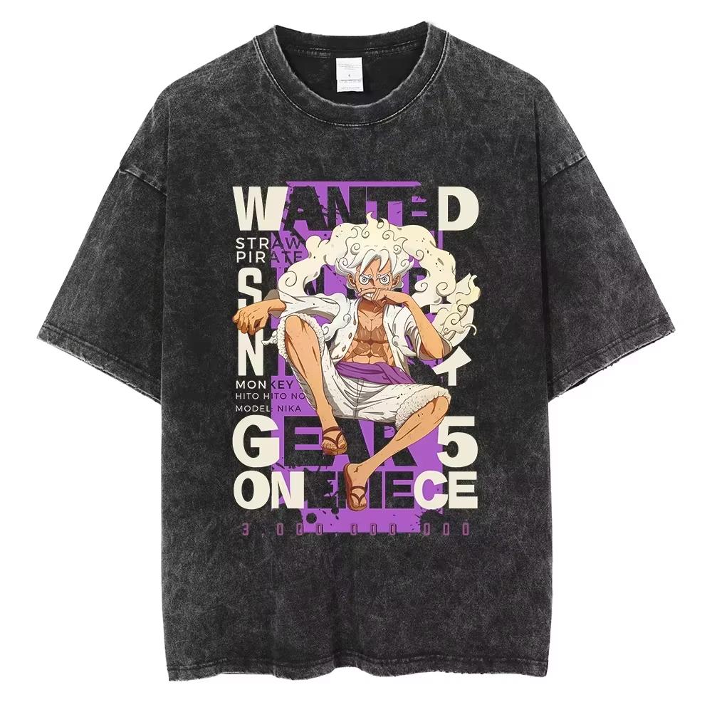 Nika Luffy Gear  ONE PIECE Anime Harajuku Retro Washed Tshirt  Cotton Men Streetwear Women Short Sleeves Unisex Top