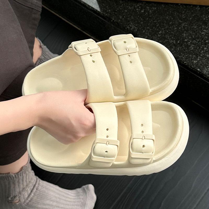 Thick Soled Height Increasing Slippers for Women In Summer, Two Tone Slippers for Outdoor Wear, Trendy Beach Anti Slip, Double Button, Straight Drag