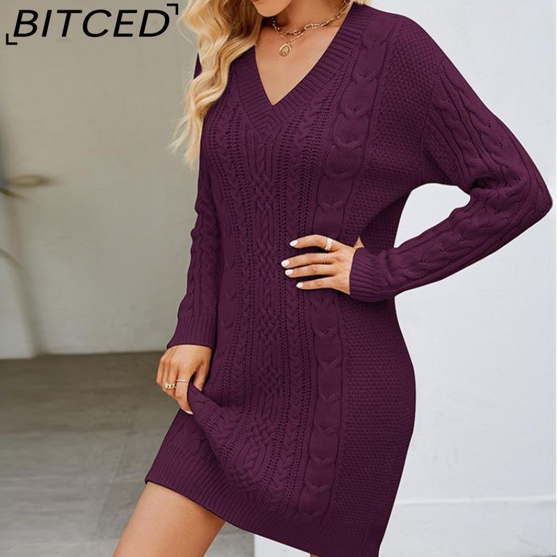 

BITCED Women s Solid-Colour V-Neck Longline Wool-Blend Knit Dress Autumn/Winter Fashionable Elegance Cable-Knit Base Layer Knit Dress XXL фиолетовый