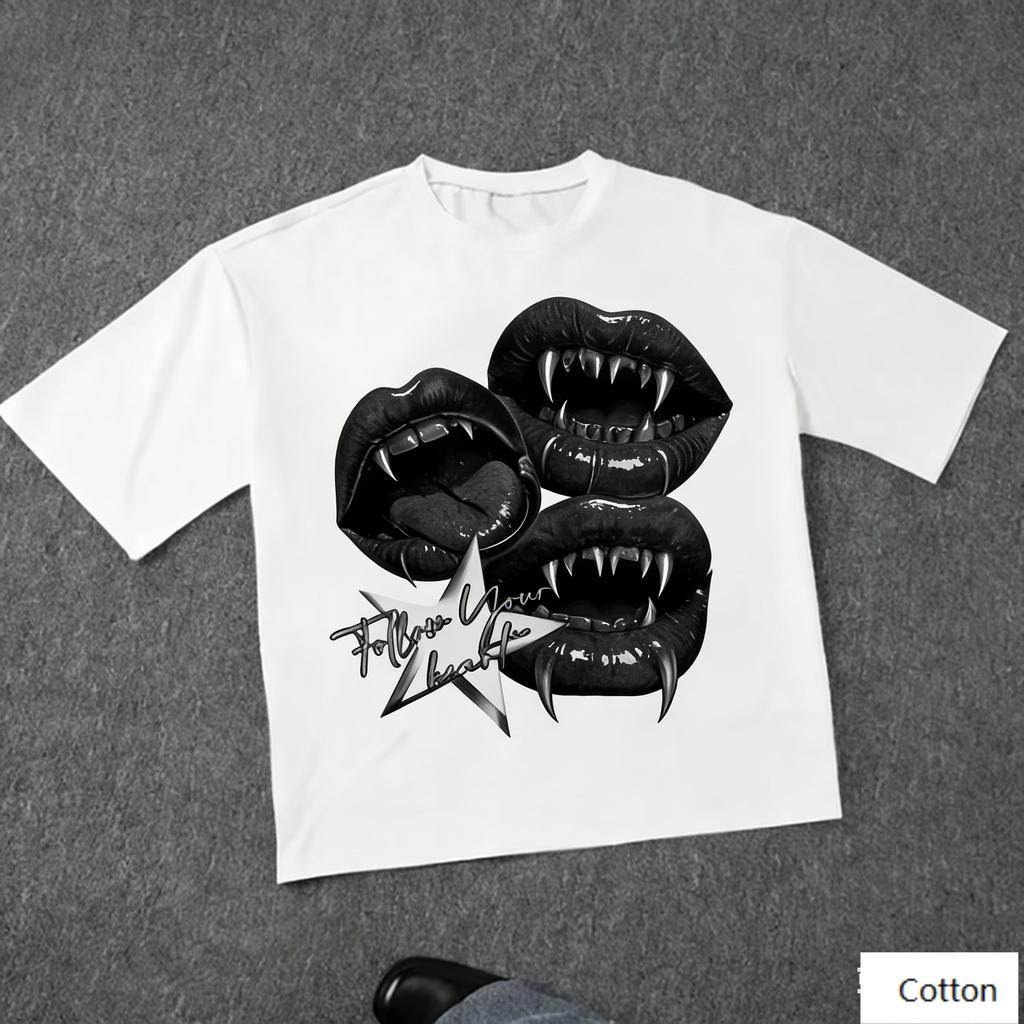 Dark Sexy Street Style Unisex Cotton TShirt with Vampire Fangs Print SkinFriendly Pure Cotton Material