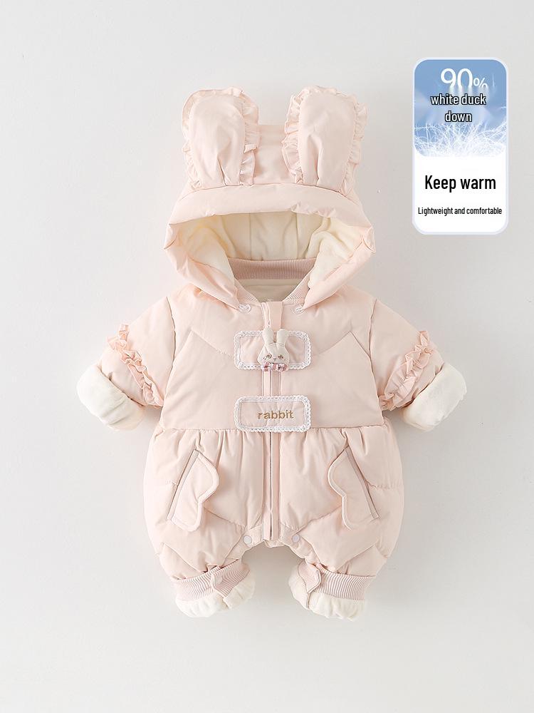 90% Weiße Entendaunen Baby Mädchen Winter Strampler - Leicht, Fleece-gefüttert, Verdickt zum Krabbeln im Freien