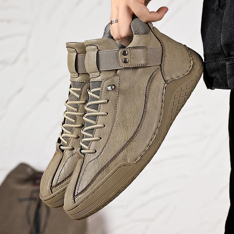 Winter Men Ankle Boots Waterproof Warm Snow Boots with Fur Breathable Leather Mens Winter Casual Shoes High Top Motorcycle Boots