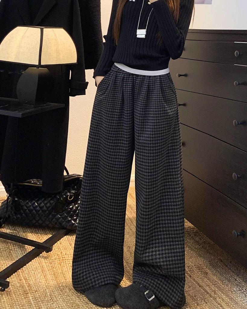 Two-Color Retro Plaid Velvet Fleece-Lined Wide-Leg Casual Pants