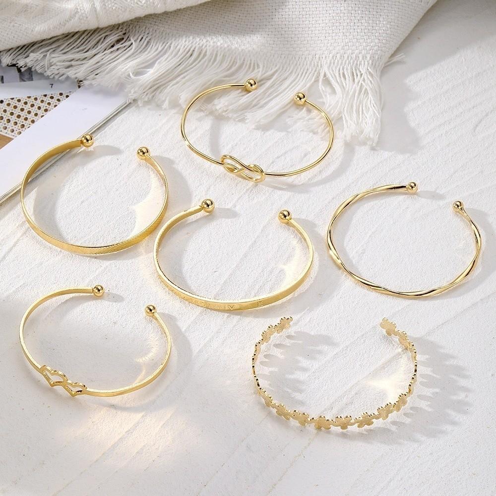 6 Stück/Set Offenes Design Metall Armreif Set Blumenknoten Mehrlagig Offener Armreif Damenschmuck