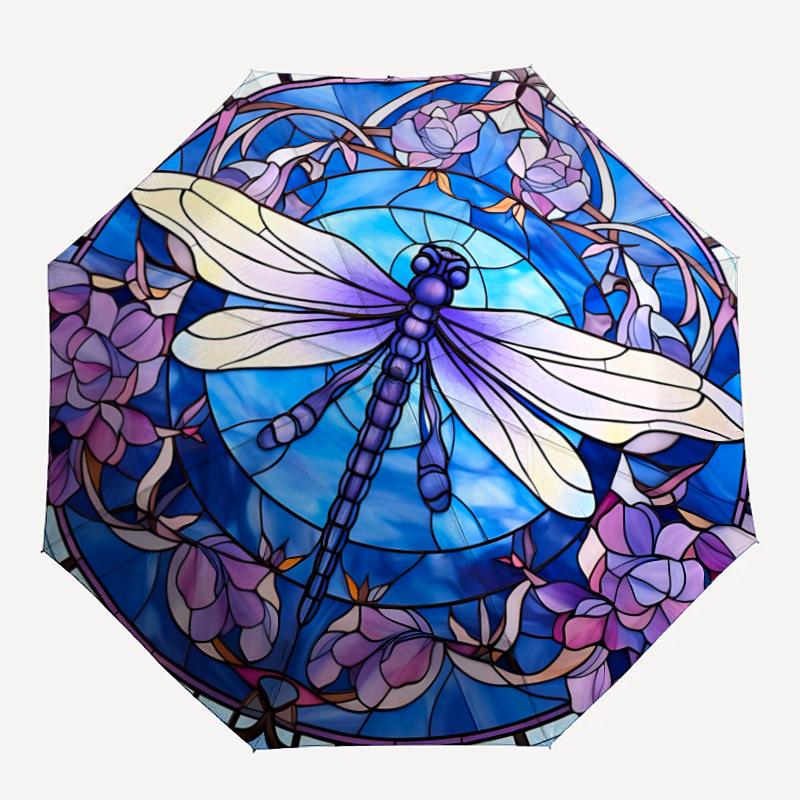 

1pc Dragonfly Stained Glass Automatic Folding Umbrella - Portable Collapsible 8-Rib Umbrella for All Seasons yy251119155