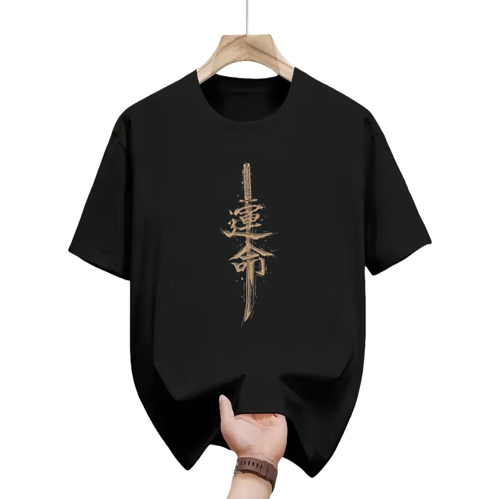 Mens summer 100 pure cotton fashionable casual loose Japanese samurai sword pattern printed round neck short sleeved Tshirt