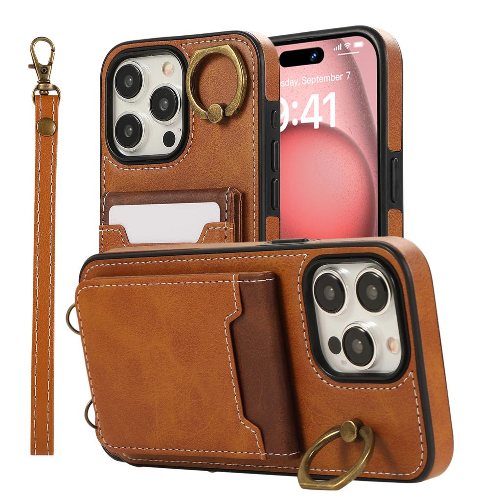 Vertical Cards Solt Ring Holder Leather Wallet Case For iPhone 15 16 Pro Max 14 Plus 13 12 11 XS XR SE2022 Stand Strap Bag Cover