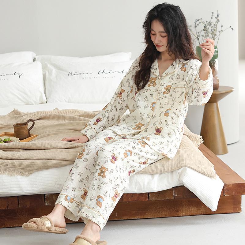 Woven Pure Cotton Pajamas Women's Spring and Autumn New Long-sleeved Loose Double-layer Gauze Sweet and Cute Loungewear Set