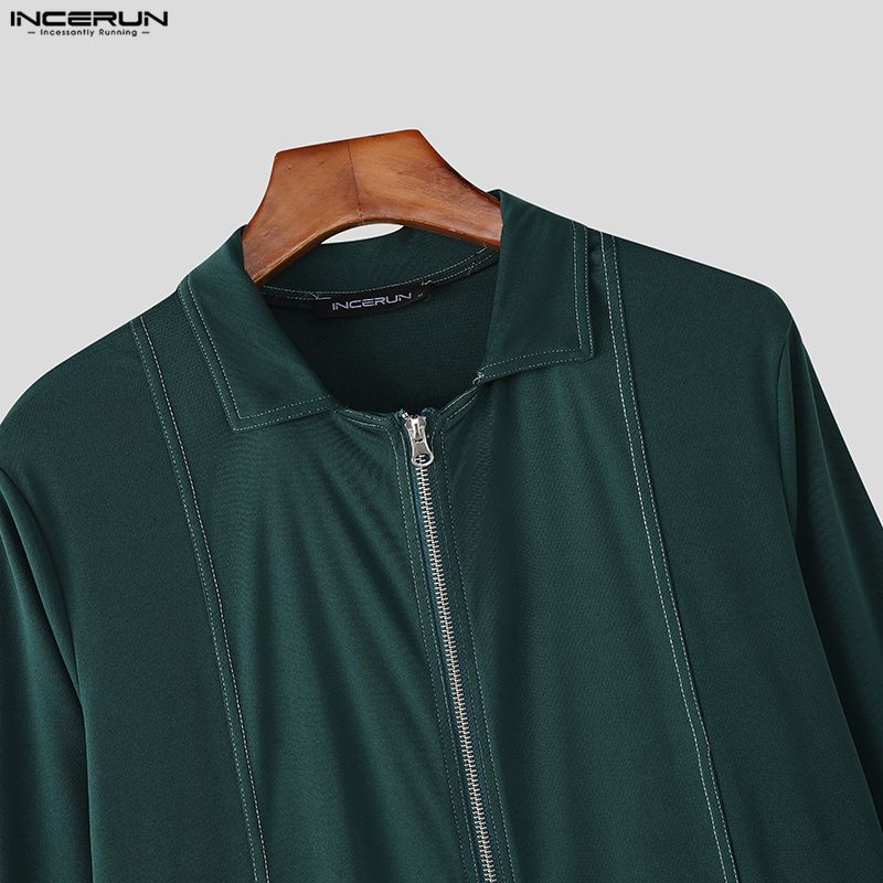 INCERUN Męskie Top T-shirty Casual z Kołnierzem Lapel, Długim Rękawem, Zamkiem Błyskawicznym i Rozcięciami, Dopasowane
