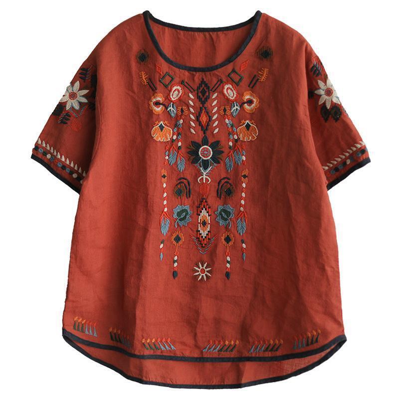 Woman Linen Embroidered T-shirt Summer Retro Loose Pullover
