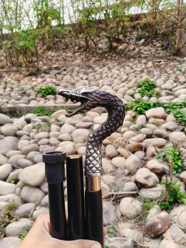 Silver Dragon Head Walking Stick – 3 Fold Black Hardwood Cane, Style Handle