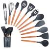 11-Piece Wooden Handle Silicone Kitchenware Set - Includes 9 Kitchen Tools, Spatula, and Spoon.