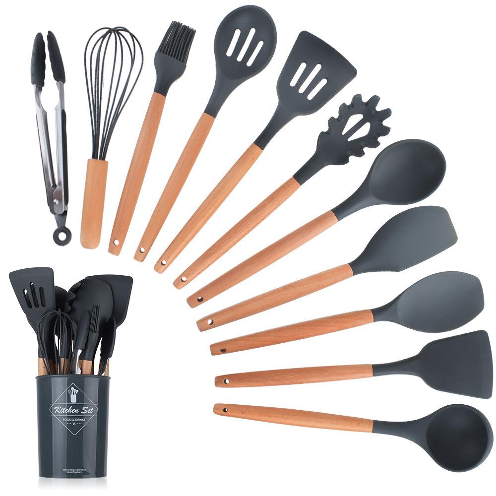 11-Piece Wooden Handle Silicone Kitchenware Set - Includes 9 Kitchen Tools, Spatula, and Spoon.