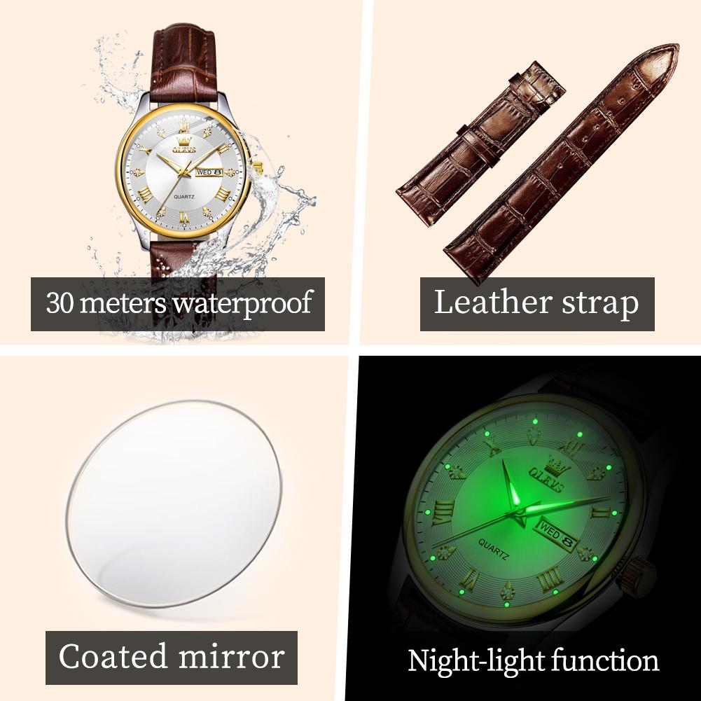 OLEVS 3649  Luxury     Brand Brown Leather Lady Waterproof Elegant Classic Business Woman Quartz Watch