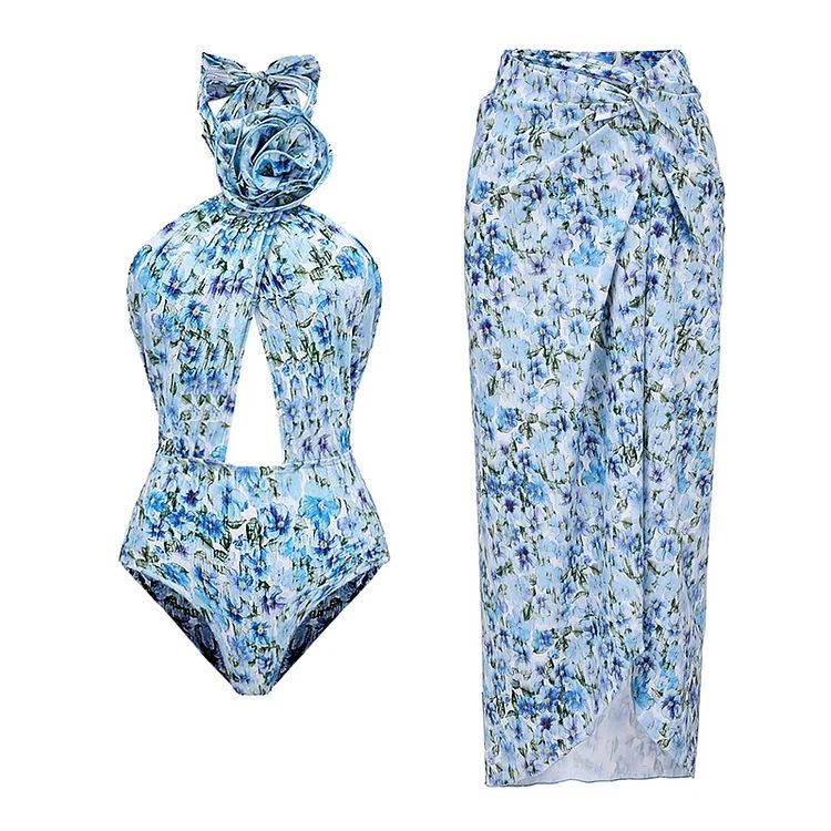 Women's Floral Halter Swimsuit with 3D Flower Details and Hollow Out Design