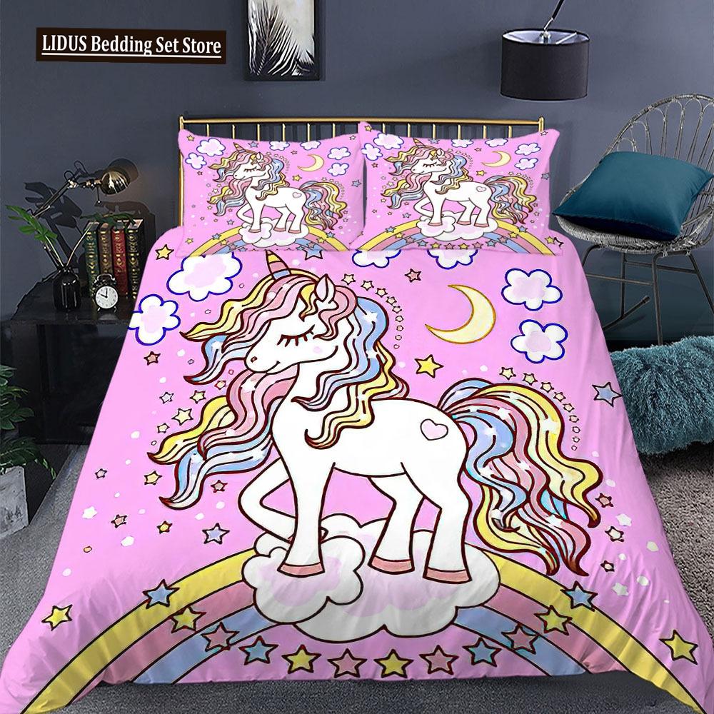 Zestaw poszwy na kołdrę Jednorożec Rozmiar King Queen Różowy Nadruk 3D Słodki Jednorożec Gwiazda Tęcza Chmura Dla Dzieci Dziewcząt Chłopców Poliestrowy Zestaw Pościeli