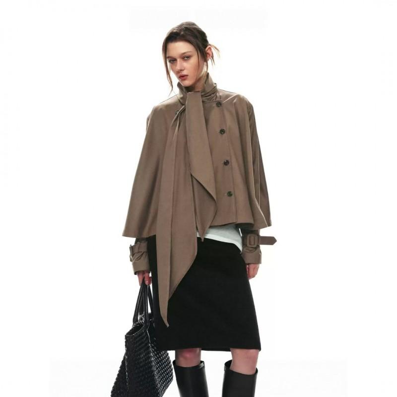 Womens Oversized Cape-Style Short Coat With Bow Collar Double Breasted Fall Jacket Casual Loose Fit