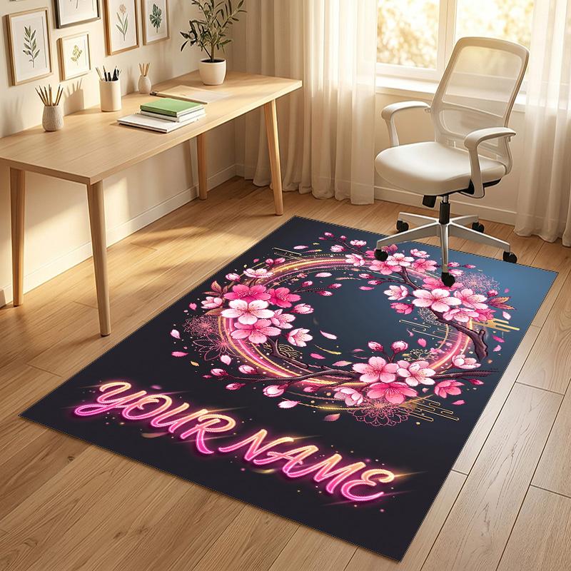 Floral Garden Theme Crystal Velvet Rug Personalized Custom Name Text Soft Floor Mat Home Decor