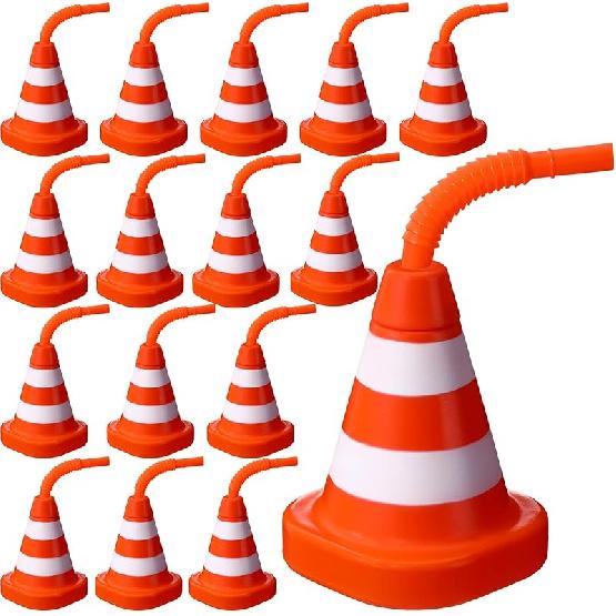 Sawysine 8 Pack Construction Cone Cups with Straws Bulk, Traffic Cones Party Favor 10 Oz Plastic Reusable Kids Race Cups Set for Construction Traffic